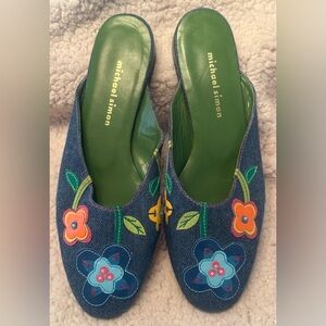 Michael Simon blue denim slip-on mules floral embroidery Size 9